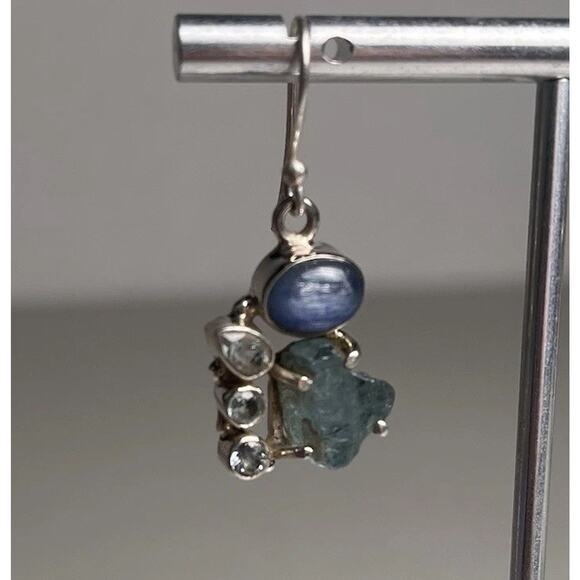 Sterling Silver 925 Earrings Rough Aquamarine Blue Topaz & Kyanite Hook Dangle - Picture 7 of 16
